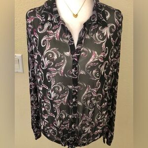 Black and Pink Sheer Swirl Button Down Shirt w/ Tie at Bottom